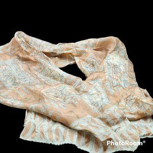 Liz Claiborne Signature Scarf Tan Aqua Cream Batik Print Rectangle 52" x 10" EUC